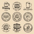 Old brewery logos set. Kraft beer retro signs or icons with hand sketched glass, barrel, mug etc. Vector vintage labels. Royalty Free Stock Photo