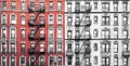 Old brick apartment buildings with fire escapes in New York City in red black and white Royalty Free Stock Photo