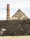 Old brick chimney and roof, retro architectural scene, vertical Royalty Free Stock Photo