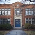 An old brick school building with blue double doors representing education history knowledge and community Royalty Free Stock Photo
