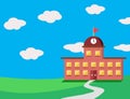 Brick school building located on a green hill with blue sky on the background, Vector Illustration Royalty Free Stock Photo