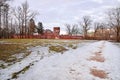 The old brick tower on the background of the Fedorovsky town in