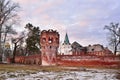 The old brick tower on the background of the Fedorovsky town in