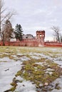 The old brick tower on the background of the Fedorovsky town in