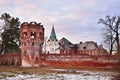 The old brick tower on the background of the Fedorovsky town in