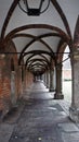 Old brick tunnel with lanterns, Market Square, Lubeck, Germany