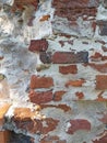 Old brick wall background with white cement. Broken wall texture with bricks and concrete. Old cement wall. Architecture and Royalty Free Stock Photo