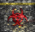 Old brick wall with biohazard symbol painted on it. 3D rendering or Illustration . Background Royalty Free Stock Photo