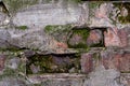 Old brick wall covered with moss texture background close-up. Stock photo of an old rotten wall Royalty Free Stock Photo