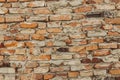 Old brick wall, crooked brown bricks, uneven seams, brickwork collapsed