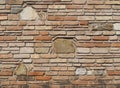 Old brick wall with embedded stones of different sizes and fragments of terracotta roof tiles in the texture