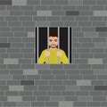 Old brick wall facade and small window, prison. Cartoon male prisoner holds hands behind bars Royalty Free Stock Photo