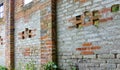 Old ruined brick wall, grunge empty industrial background Royalty Free Stock Photo