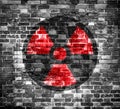 Old brick wall with radiation warning symbol painted on it. 3D rendering or Illustration . Background Royalty Free Stock Photo