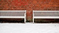 Old Brick Wall With Two White Bench In Winter Royalty Free Stock Photo