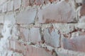 Old brick wall with white paint background texture close up. Side view, low depth of field. Royalty Free Stock Photo