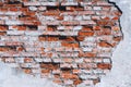 Old brick wall and white plaster. Vintage background with old brick wall. Collapsing wall. Royalty Free Stock Photo