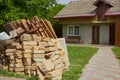 old bricks in a pile,a pile of old building materials, bricks and wooden boards in the yard Royalty Free Stock Photo