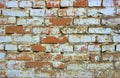 Old brickwork of red-orange color, painted on top with white paint. Bricks are located end to the viewer