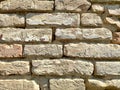 Old brickwork. Wall of an old residential building. Brick wall made of bright red bricks. Lightly worn surface. Neat masonry, Royalty Free Stock Photo