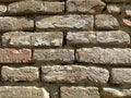 Old brickwork. Wall of an old residential building. Brick wall made of bright red bricks. Lightly worn surface. Neat masonry, Royalty Free Stock Photo