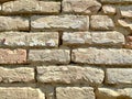 Old brickwork. Wall of an old residential building. Brick wall made of bright red bricks. Lightly worn surface. Neat masonry, Royalty Free Stock Photo