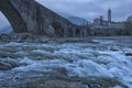 Old bridge Gobbo and Bobbio town, Italy Royalty Free Stock Photo