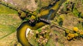 Old Bridge Over Nida River Bend in Swietokrzyskie,Poland. Aerial Drone View Royalty Free Stock Photo