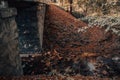 The old bridge over the river of the autumn forest. Forest river stream landscape. Royalty Free Stock Photo