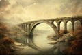 Old bridge over the river in the fog. Digital art painting, Vintage bridge , AI Generated Royalty Free Stock Photo