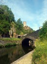 Old bridge over river Sauer near village Esch-sur-Sure in the Ardennes of Luxembourg Royalty Free Stock Photo