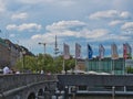 Old bridge on the river with flags in Hamburg, Germany Royalty Free Stock Photo