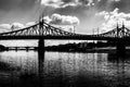 Old Bridge in Tver city, Russia. Volga River, black and white photo Royalty Free Stock Photo