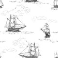 Old brig, seamless pattern graphic sketch hand draw. Sea or ocean transport, marine pirates theme. Vector