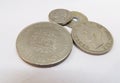 Old british metallic coins financial renumeration payment pennies small macro