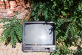 An old broken black television lays in garbage and bushes. Sun light reflection.