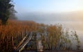 Old broken bridge .Misty foggy morning in autumn.