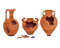Old broken brown vases vector illustrations set. Ceramic jug archaeological artefacts. Collection of antique ceramic