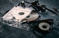 Old broken cassette tape tangled on ground