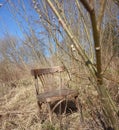 Old broken chair stands in the stale grass, loneliness, old age concept Royalty Free Stock Photo