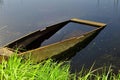 Old broken fishing boat on the shore of the lake, wooden abandoned boat Royalty Free Stock Photo