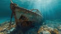 Old broken fishing boat under water, wooden abandoned boat Royalty Free Stock Photo