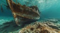 Old broken fishing boat under water, wooden abandoned boat Royalty Free Stock Photo