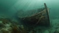 Old broken fishing boat under water, wooden abandoned boat Royalty Free Stock Photo