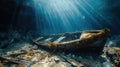 Old broken fishing boat under water, wooden abandoned boat Royalty Free Stock Photo