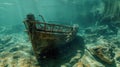 Old broken fishing boat under water, wooden abandoned boat Royalty Free Stock Photo