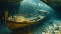 Old broken fishing boat under water, wooden abandoned boat Royalty Free Stock Photo