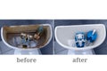 Old broken fittings in  dirty toilet and  new clean one. Plumbing repair. Before and after Royalty Free Stock Photo