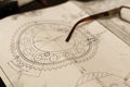 Old broken glasses on old and dirty blue prints for industrial manufacturing Royalty Free Stock Photo