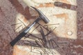 Hammer rusty nails with sawdust Royalty Free Stock Photo